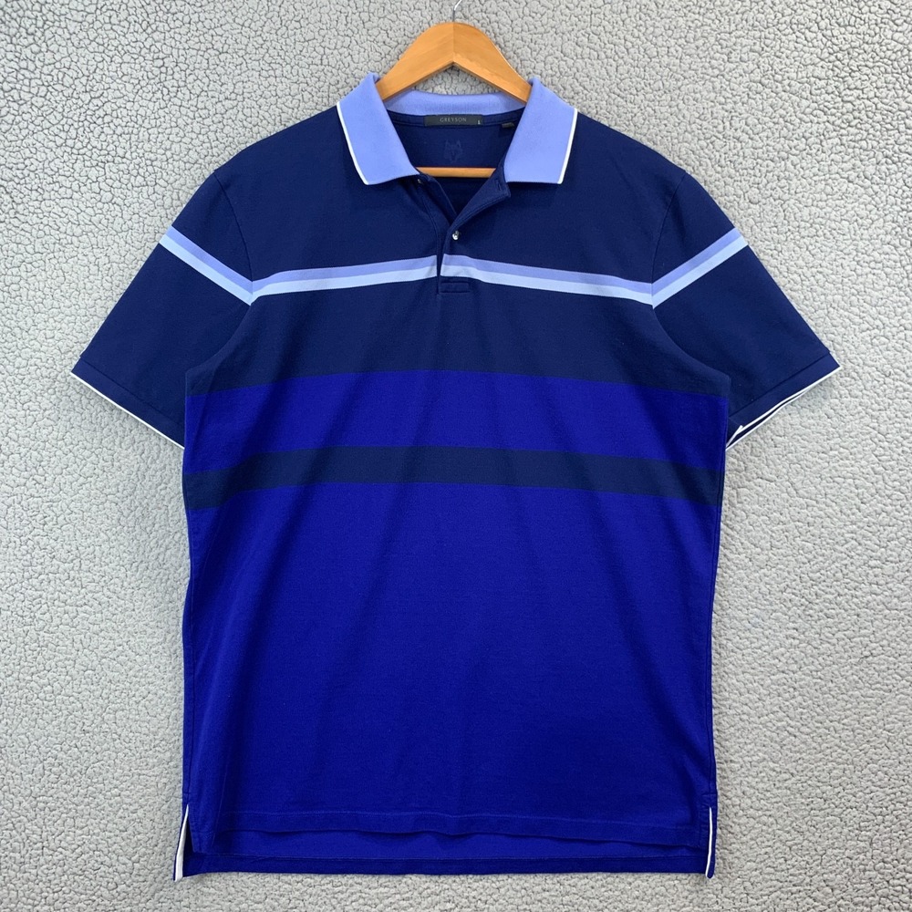 Greyson Performance Golf Polo Shirt Men's Size Large Vivid Blue Striped Stretch